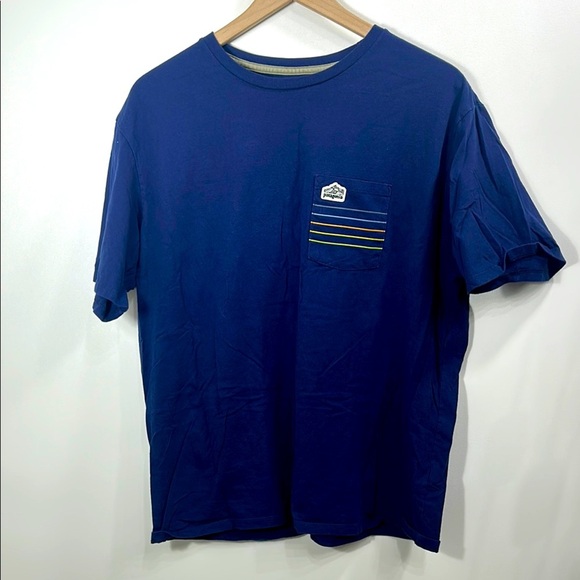 Patagonia Men’s Blue T-shirt Logo Ridge Stripe Organic Pocket tee size large - Picture 1 of 8